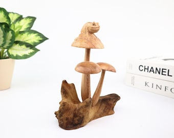 Wooden Frog on Mushroom Sculpture | Hand Carved Wood Art | Rustic Driftwood Decor | Woodland Nature Home Accent