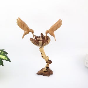 Wooden Hummingbird Sculpture | Hand Carved Bird Figurine with Nest | Natural Wood Tabletop Art | Unique Gift for Bird Lovers