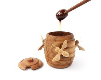 Wooden Honey Pot with Bees, Honey Jar, Rustic, Unique Gift, Handmade Deco, Olive Wood Honey Pot, Handmade Gift for Mom, Wedding, Birthday