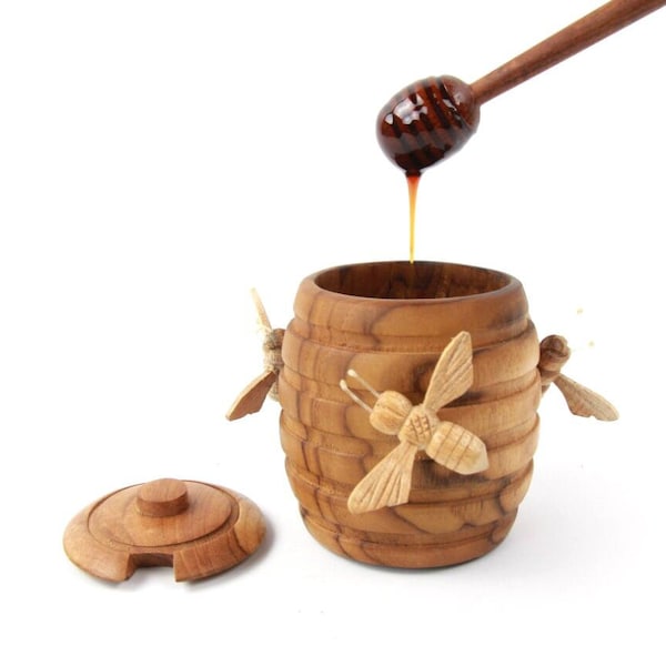 Wooden Honey Pot with Bees, Honey Jar, Rustic, Unique Gift, Handmade Deco, Olive Wood Honey Pot, Wedding, Birthday Gift, Handmade Gifts