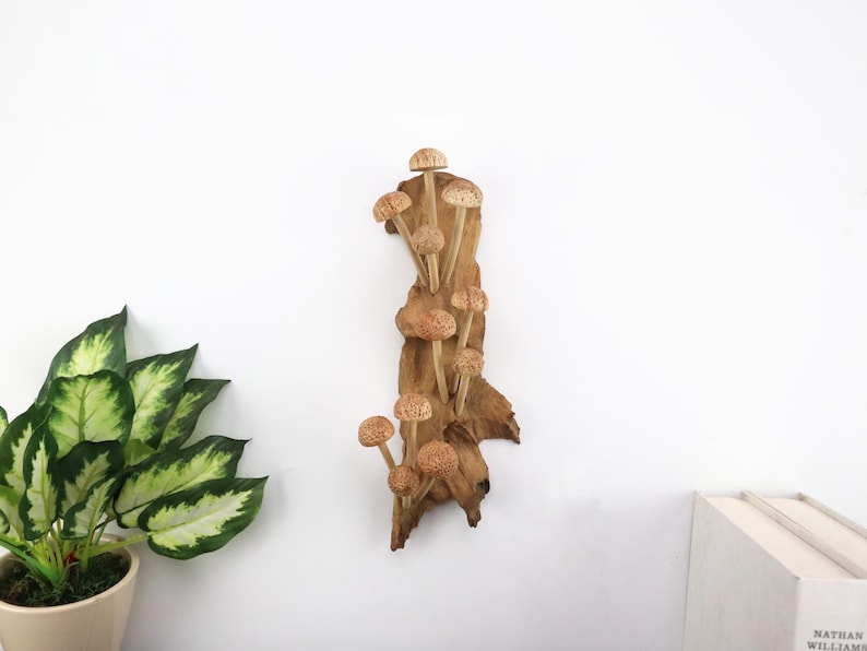 May include: A wooden wall hanging featuring a cluster of carved mushrooms. The mushrooms have speckled caps and are attached to a piece of natural wood. The wood has a rough texture and is a warm brown color. The wall decor is mounted on a white wall.