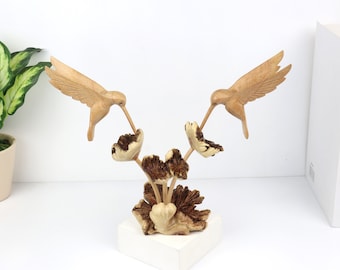 Wooden Hummingbird Couple Sculpture, Customized Statue, Hand Carved Figurine, Colibri, Art, Wood Carving, Home Deco, Table Top for Valentine