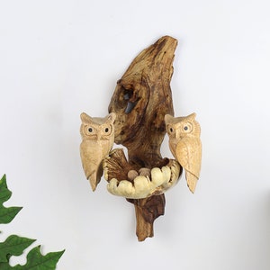 Arte de parede de coruja de madeira feita à mão com ninho | Decoração rústica de bosques | Corujas de casal | Decoração de casa inspirada na natureza, decoração de casa exclusiva, presente de dia dos namorados