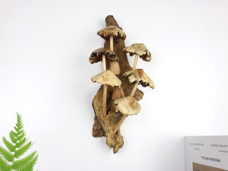 Driftwood Mushroom Wall Art, Hand Carved Fungi Colony Sculpture, Vertical Forest Wall Decor, Unique Botanical Carving, Nature Gift, Wood Art image 4