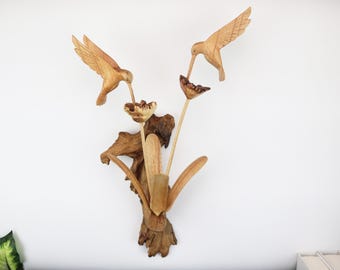 Wooden Hummingbird Wall Decor, Rustic Bird Wall Art, Hand Carved Wood Hummingbird, Garden Wall Hanging, Nature Lover Gift