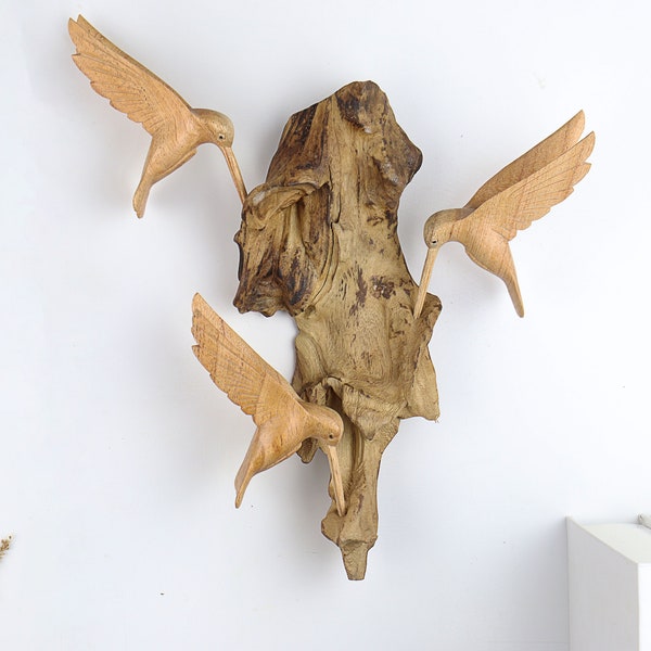 Arte de parede de beija-flor em madeira | Escultura de pássaro feita à mão em madeira flutuante | Decoração de casa inspirada na natureza | Presente exclusivo para amantes de pássaros