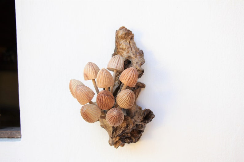 May include: A wooden wall decor featuring a cluster of carved wooden mushrooms attached to a piece of driftwood.