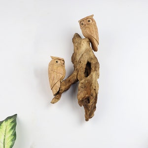May include: Two wooden owls perched on a piece of driftwood. The owls are carved in detail and have a natural wood finish.