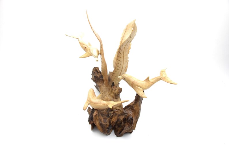 Dolphins Wood Statue Dolphin Sculpture Wood Carving Etsy