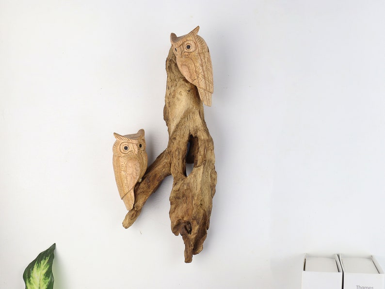 May include: Two wooden owls perched on a driftwood branch. The owls are carved with detailed features and have a natural wood finish.