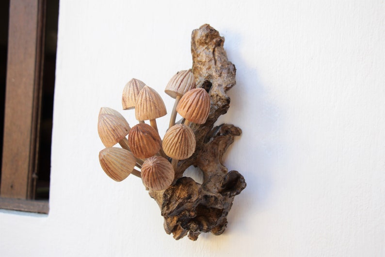 May include: A wooden sculpture of a cluster of mushrooms attached to a piece of driftwood. The mushrooms are carved in detail and have a light brown color.
