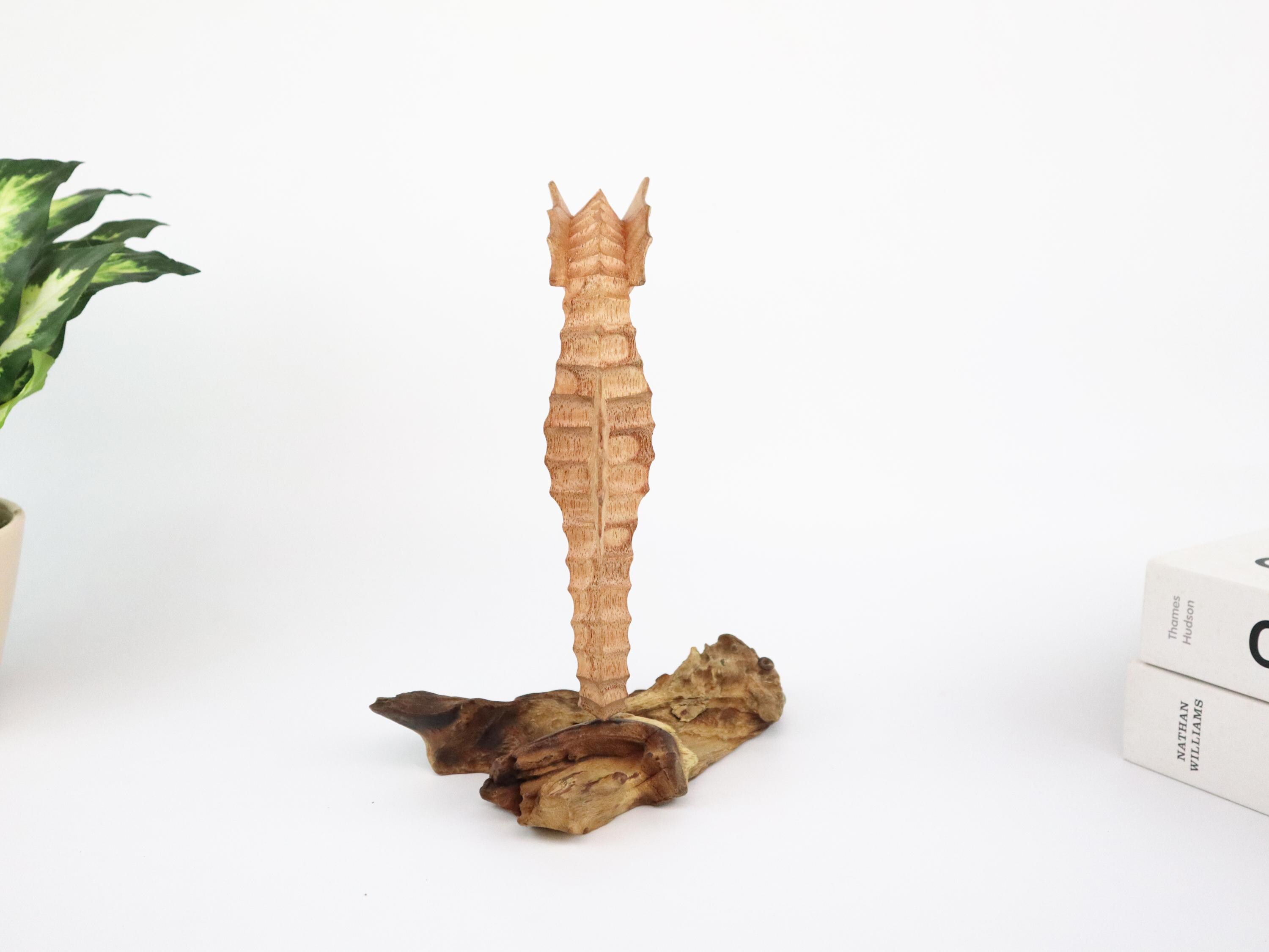 木製タツノオトシゴ彫刻｜海岸の流木アート｜手彫りタツノオトシゴ装飾