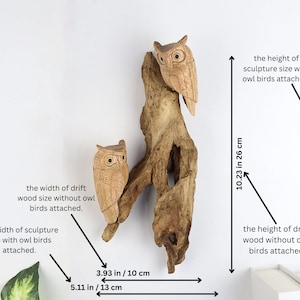 May include: A wooden sculpture of two owls perched on a driftwood branch. The sculpture measures 27 cm tall and 26 cm wide. The owls are carved in detail and have a natural wood finish.