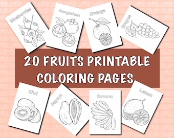 May include: A collection of 20 Fruits Printable Coloring Pages. Each page features a different fruit, including blueberries, mangosteen, orange, grapes, kiwi, papaya, banana, and lemon. The pages are black and white line drawings, perfect for coloring.