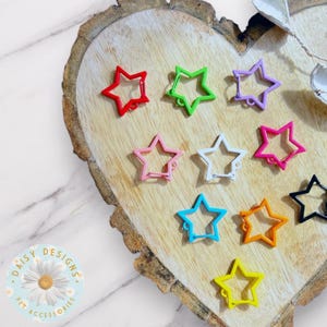 Könnte beinhalten: Eine Sammlung farbenfroher, sternförmiger Verschlüsse für Haustierzubehör in Rot, Grün, Lila, Rosa, Weiß, Blau, Orange, Gelb und Schwarz. Die Verschlüsse sind auf einem herzförmigen Holzbrett angeordnet. Das Daisy Designs Logo ist sichtbar.