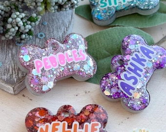 Holographic Glitter Bone Pet ID Tag: Custom Resin Dog Tag