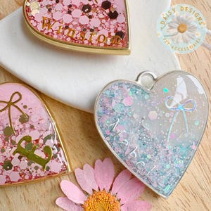 Glitter Pastel Bow Pet ID Tag: Custom Resin Heart, Personalized Dog Cat Name