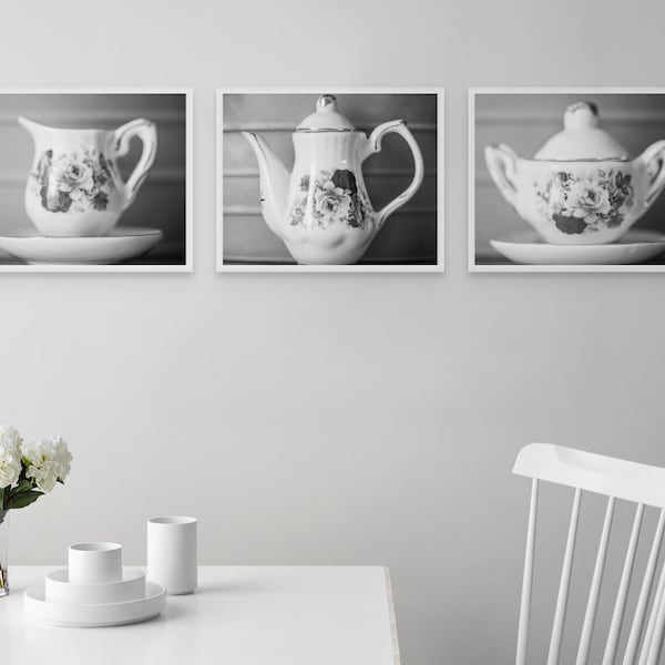 Kitchen Wall Art - Teacup and Teapot, Set of 3 Prints, Black and White Photography, Shabby Chic Decor, Unframed Prints