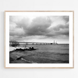 Mackinac Bridge Print, Michigan Photography, Black and White Wall Art, Unframed Picture