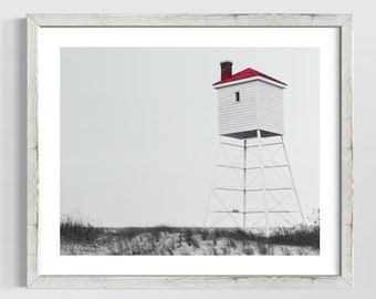 Michigan Art, Ludington State Park Watchtower Print, Black and White with Color Pop Print, Nautical Decor, Beach Decor