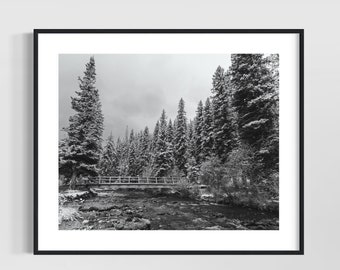 Snowy Forest Wall Art - Black and White Landscape, Montana Art, Wooden Bridge Over Icy River, Unframed Print