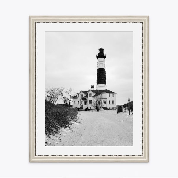 Lighthouse Photography - Black and White Michigan Lighthouse Print, Nautical Artwork