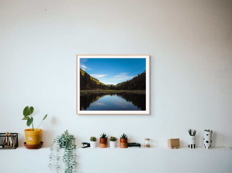 May include: A framed photograph of a lake surrounded by trees, with a blue sky and white clouds reflected in the water.