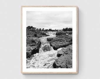 Falls Park Waterfall Print, Sioux Falls South Dakota, Black and White Photography, Unframed