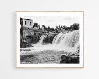 Falls Park South Dakota Print: Black and White Waterfall Photography, Unframed Wall Art