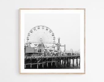 Santa Monica Pier Print: Black and White Ferris Wheel Photo, Unframed Picture