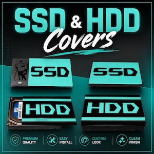 May include: Four rectangular SSD and HDD covers in teal and black. The top left shows an SSD cover with a logo, the top right a plain teal SSD cover, the bottom left an HDD cover, and the bottom right a black HDD cover. Text reads SSD & HDD Covers.