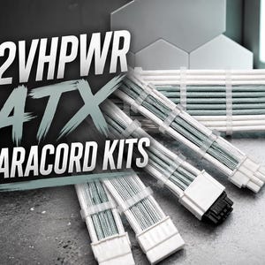 May include: A set of white paracord sleeved power cables with white connectors and one black connector. The text 12VHPWR ATX PARACORD KITS is displayed in large white and grey lettering over the cables, which are arranged in a parallel formation.