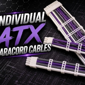 May include: Individual ATX paracord cables featuring purple, grey, and white braided wires organized with white plastic cable combs. The text INDIVIDUAL ATX PARACORD CABLES is displayed in large white and purple lettering over the cables.