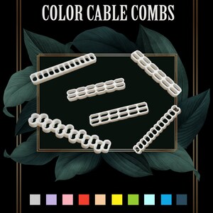 May include: The image displays several white cable combs in various shapes and sizes, arranged against a dark background with green leaves. The text "COLOR CABLE COMBS" is at the top. A color palette is shown at the bottom.