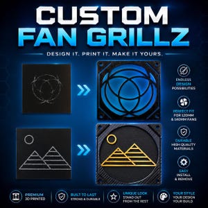 Peut inclure: Grilles de ventilateur personnalisées avec le texte CUSTOM FAN GRILLZ et DESIGN IT. PRINT IT. MAKE IT YOURS. L'image montre deux caches de ventilateur carrés noirs avec des motifs géométriques, un avec un cercle bleu et un avec un motif montagne doré.