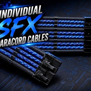 May include: Individual SFX paracord cables featuring a braided blue and black design with black connectors. The text INDIVIDUAL SFX PARACORD CABLES is displayed in white and blue lettering over the cables, which are organised with black cable combs.