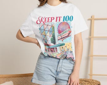 Keep It 100 Retro Resort Graphic T-shirt | Vintage Futuristic Travel Art