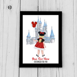 May include: A watercolor illustration of a girl wearing a red and white polka dot dress and a Minnie Mouse headband, standing in front of Cinderella's Castle with a red balloon. The text "Your Text Here" and "Customized For You" is below the image.