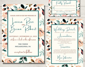 Suite de invitación de boda floral, confirmación de asistencia, tarjeta de detalles, papelería para el gran día, plantilla de Canva