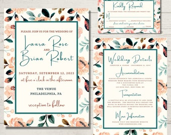 Floral Wedding Invitation Suite, RSVP, Details Card, Stationary for Big Day, Canva Template