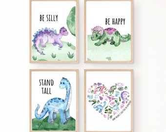 Set of 4 - Dinosaur Nursery Art, Wall Art, Kids Room, Bedroom, Playroom, Digital Download, Printable