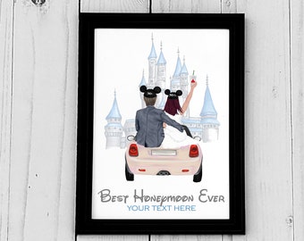 Retrato inspirado en la luna de miel de Disney personalizado, impresión personalizada para parejas, recién casados, vacaciones de Disney, viaje, archivo digital
