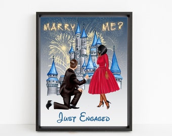 Custom Disney Inspired Proposal Portrait, Personalized Print for Couples, Just Engaged, Marriage, Engagement, Digital File