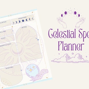 Puede incluir: Un planificador de hechizos celestiales en tonos morado claro y crema. Incluye secciones para detalles de hechizos, fases lunares e intenciones. El texto "Celestial Spell Planner" está escrito en púrpura.