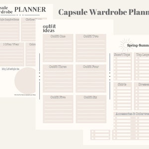 May include: A capsule wardrobe planner with sections for outfit ideas, style inspiration, and a pie chart. The planner includes sections for smart tops, skirts, dresses, and accessories. The text "Capsule Wardrobe Planner" is at the top.