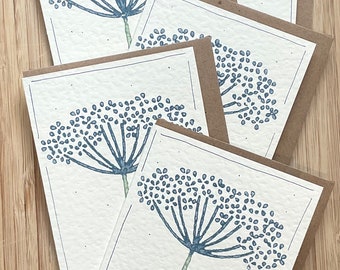 Cow parsley greeting cards / hand printed cards/ blank cards / set of five cards/ gift set of cards.