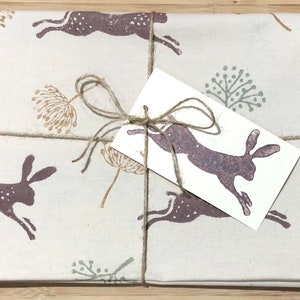 Organic cotton tea towel/ leaping hare/ housewarming gift/ Easter gift/ birthday gift/ hand printed.