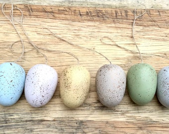 Set of six medium sized hand painted solid wood hanging  Easter eggs/ speckled eggs/ neutral chalk paint colours