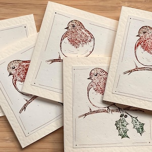 May include: A collection of cream-colored square cards featuring a detailed illustration of a robin bird perched on a branch. The bird has a red breast and brown details. Some cards include green holly. The text "Christmas Cards" is visible on one card.