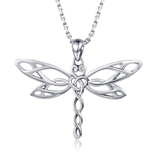 Sterling Silver Dragonfly Pendant Necklace w/ Irish Celtic Heart Shaped Knot